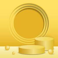 Yellow 3D cylinder pedestal podium background with crystal balls, Minimal wall scene mockup product display. Abstract geometric platforms. Stage showcase. vector