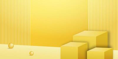 3D realistic yellow box pedestal podium background with geometric backdrop. Minimal wall scene mockup products stage for showcase, Banner promotion display. Abstract empty room. vector