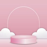 Realistic cute pink and 3D cylinder pedestal podium with cute clouds. A minimal scene for the products stage showcase, and promotion display vector
