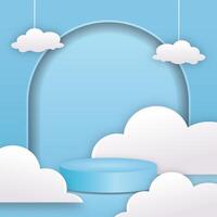 3D Blue Podium with cute realistic clouds, Modern Product Display and Mockup Showcase vector