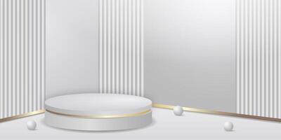 White realistic 3d cylinder pedestal podium with silver spheres of balls background. Product display presentation. Minimal scene. vector