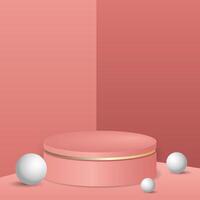 Modern 3D Red Podium with Circle Backdrop and Ball, Ideal for Product Display, Mockup, Showroom, and Visual Showcase vector