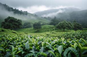 Morning Mist Over Lush Tea Fields in a Serene Mountainous Landscape photo