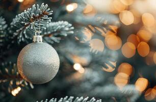 Sparkling Silver Christmas Ornament Hanging on Frosted Pine Tree Branch photo