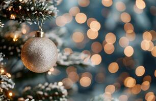 Sparkling Silver Christmas Ornament Hanging on Frosted Pine Tree Branch photo