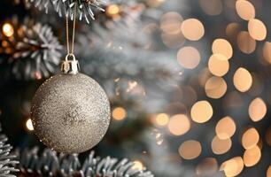 Sparkling Silver Christmas Ornament Hanging on Frosted Pine Tree Branch photo