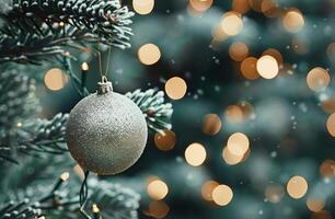 Sparkling Silver Christmas Ornament Hanging on Frosted Pine Tree Branch photo