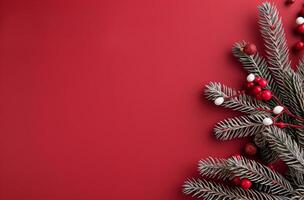 Festive Pine Branches With Red Ornaments and Pine Cones on a Rich Red Background photo