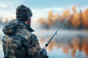 Man Fishing on Tranquil Lake at Sunrise in Calm Winter Weather photo