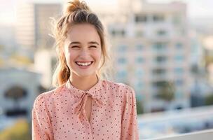 Smiling Woman in Polka Dot Blouse on Rooftop Overlooking City Skyline photo