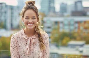 Smiling Woman in Polka Dot Blouse on Rooftop Overlooking City Skyline photo
