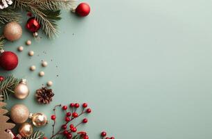 Christmas Decoration Arrangement With Ornaments and Pine on Light Green Background photo