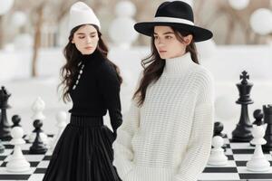 Fashion Models in Black and White Attire on a Chessboard Set photo