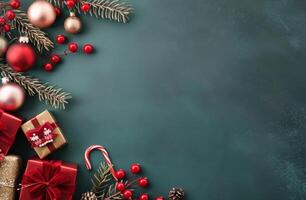 Festive Arrangement of Christmas Decorations and Gifts on Dark Green Background photo
