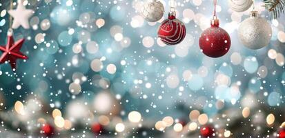 Colorful Christmas Ornaments Hanging With Glittering Lights in Winter Wonderland photo