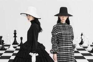 Fashion Models in Black and White Attire on a Chessboard Set photo