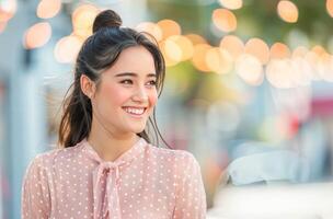 Smiling Woman in Polka Dot Blouse on Rooftop Overlooking City Skyline photo