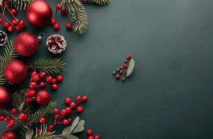 Festive Arrangement of Christmas Decorations and Gifts on Dark Green Background photo