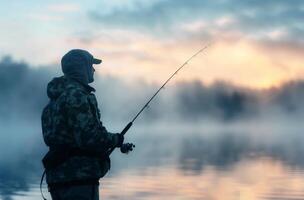 Man Fishing on Tranquil Lake at Sunrise in Calm Winter Weather photo