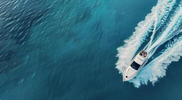 Luxury Motor Yacht Cruising Through Calm Waters at Sunset photo