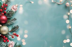 Christmas Decoration Arrangement With Ornaments and Pine on Light Green Background photo