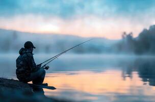 Man Fishing on Tranquil Lake at Sunrise in Calm Winter Weather photo