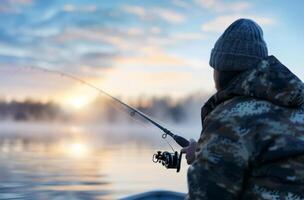 Man Fishing on Tranquil Lake at Sunrise in Calm Winter Weather photo
