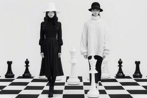 Fashion Models in Black and White Attire on a Chessboard Set photo