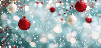 Colorful Christmas Ornaments Hanging With Glittering Lights in Winter Wonderland photo