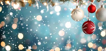 Colorful Christmas Ornaments Hanging With Glittering Lights in Winter Wonderland photo