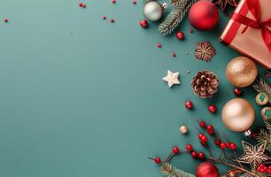 Christmas Decoration Arrangement With Ornaments and Pine on Light Green Background photo
