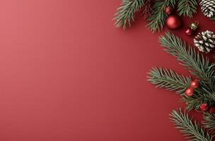 Festive Pine Branches With Red Ornaments and Pine Cones on a Rich Red Background photo