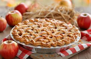 Freshly Baked Apple Pie Surrounded by Red Apples and Autumn Decor photo
