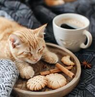 Cozy Ginger Cat Relaxing Near Cookies and Coffee on a Knitted Blanket photo