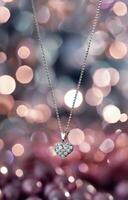 Heart-Shaped Diamond Pendant Hanging Against a Blurred Background of Sparkling Lights photo