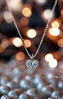 Heart-Shaped Diamond Pendant Hanging Against a Blurred Background of Sparkling Lights photo
