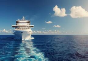 Cruise Ship Navigating Calm Ocean Waters Under Blue Sky and Fluffy Clouds photo