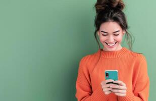 Young Woman Smiling While Texting on Smartphone Against Green Background photo