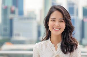 Cheerful Woman Smiling Against Urban Skyline During Daytime photo