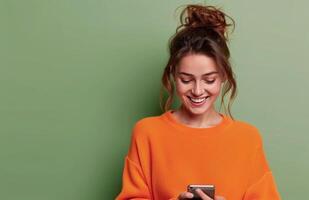 Young Woman Smiling While Texting on Smartphone Against Green Background photo