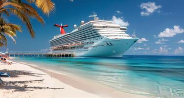 Tropical Beach With a Cruise Ship Docked Under Clear Blue Skies photo