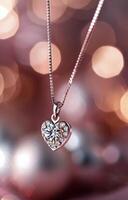 Heart-Shaped Diamond Pendant Hanging Against a Blurred Background of Sparkling Lights photo