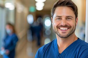 Smiling Male Nurse in Scrubs at Hospital Hallway During Daytime photo
