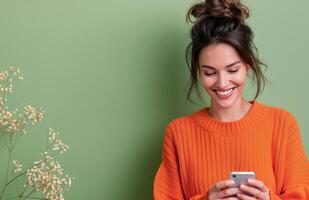 Young Woman Smiling While Texting on Smartphone Against Green Background photo