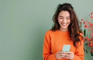 Young Woman Smiling While Texting on Smartphone Against Green Background photo