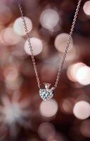 Heart-Shaped Diamond Pendant Hanging Against a Blurred Background of Sparkling Lights photo