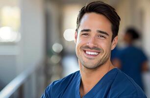 Smiling Male Nurse in Scrubs at Hospital Hallway During Daytime photo