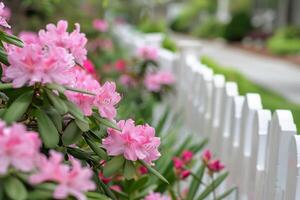 Vibrant Pink Azalea Blooms Against White Picket Fence in Spring Garden photo