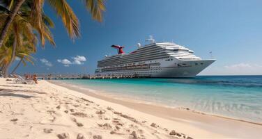 Tropical Beach With a Cruise Ship Docked Under Clear Blue Skies photo