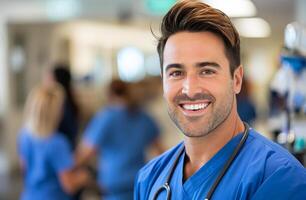 Smiling Male Nurse in Scrubs at Hospital Hallway During Daytime photo